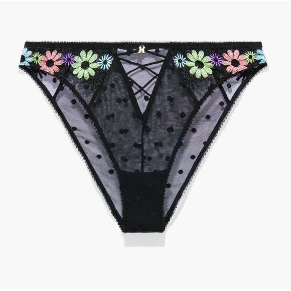 Savage X Fenti Black Mesh Floral Embroidered Polka Dot High Leg Bikini Panties M - Picture 1 of 11